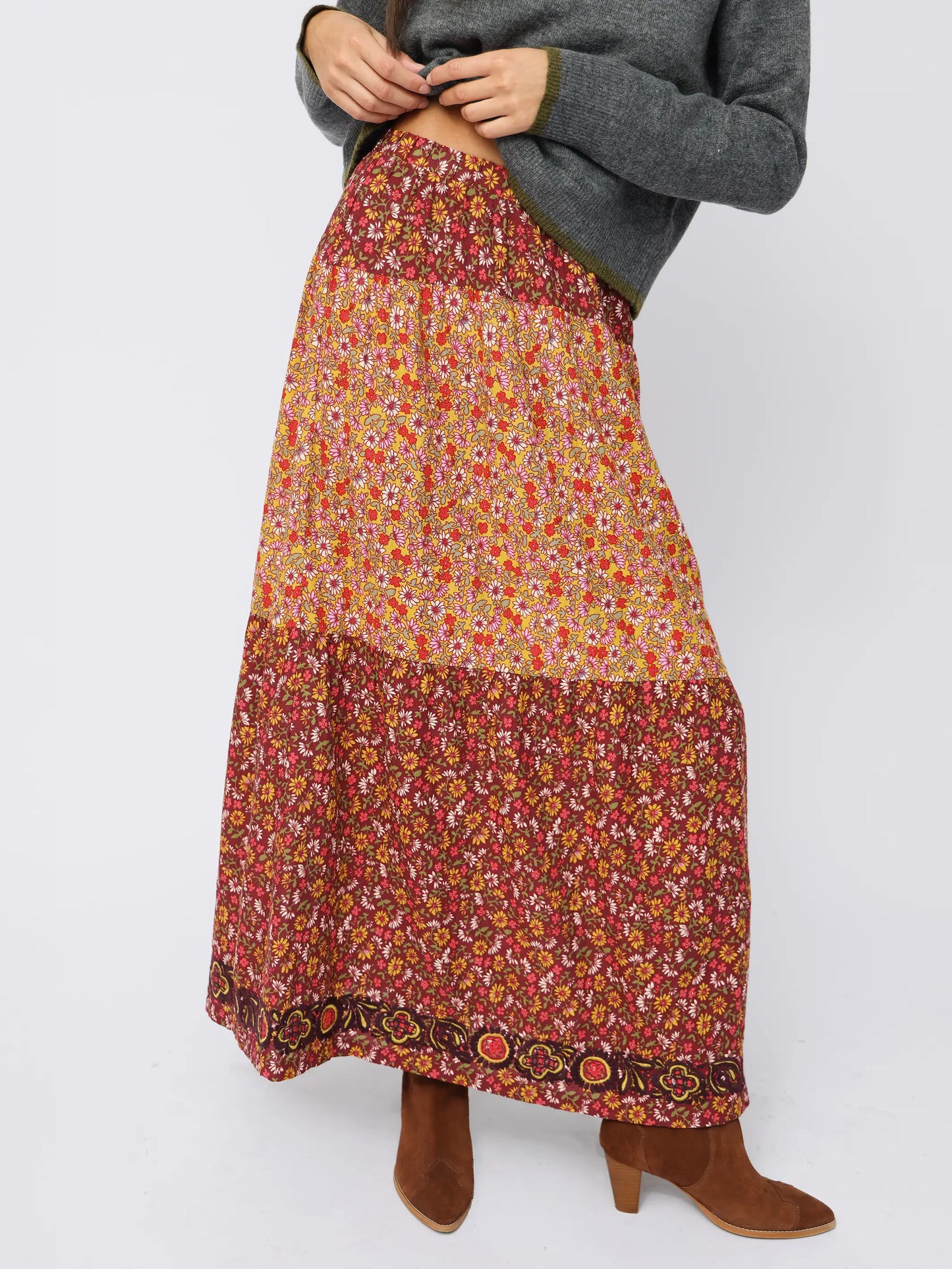 Camille Embroidered Maxi Skirt - Stemmed Daisies Wine