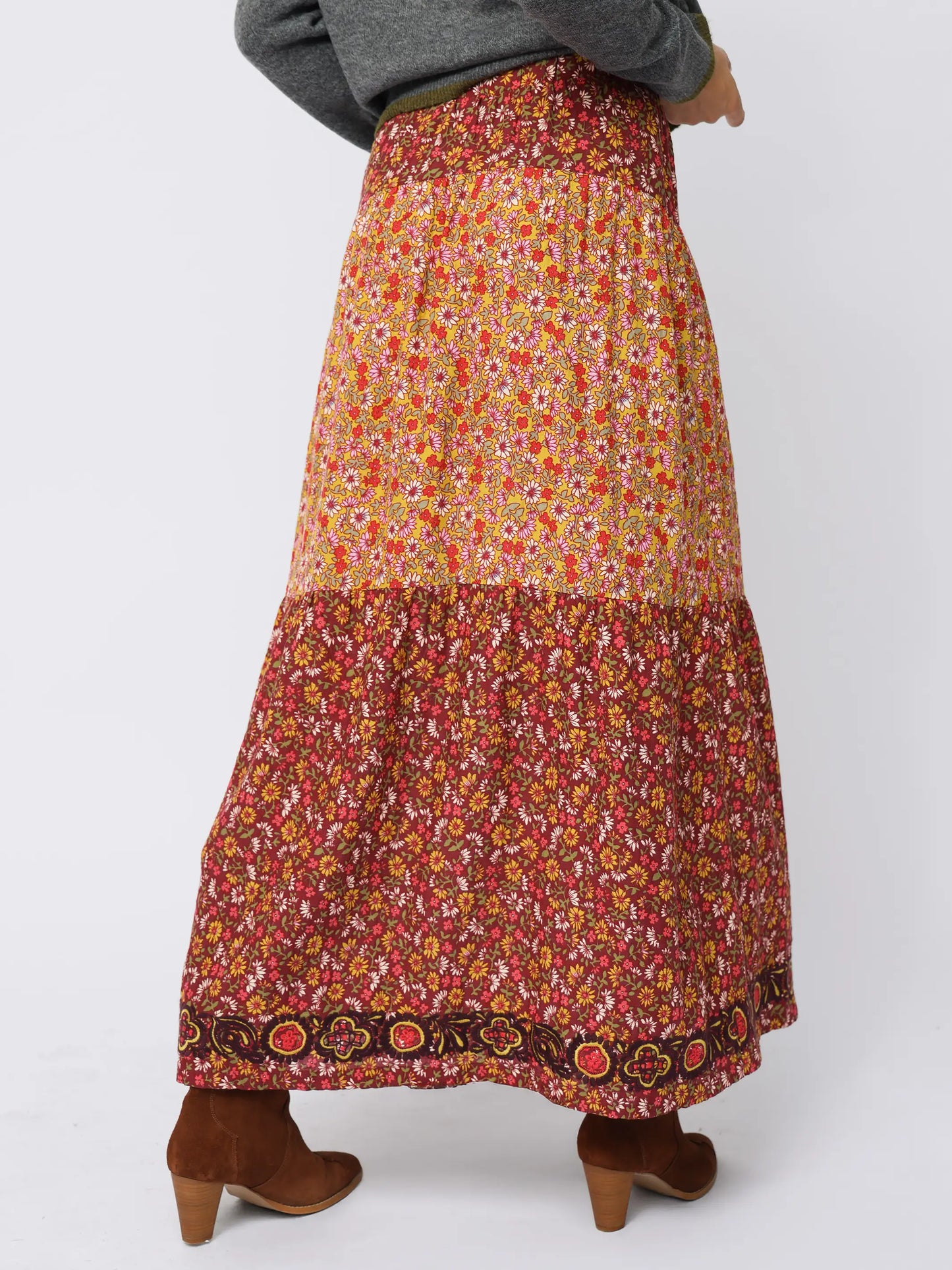 Camille Embroidered Maxi Skirt - Stemmed Daisies Wine