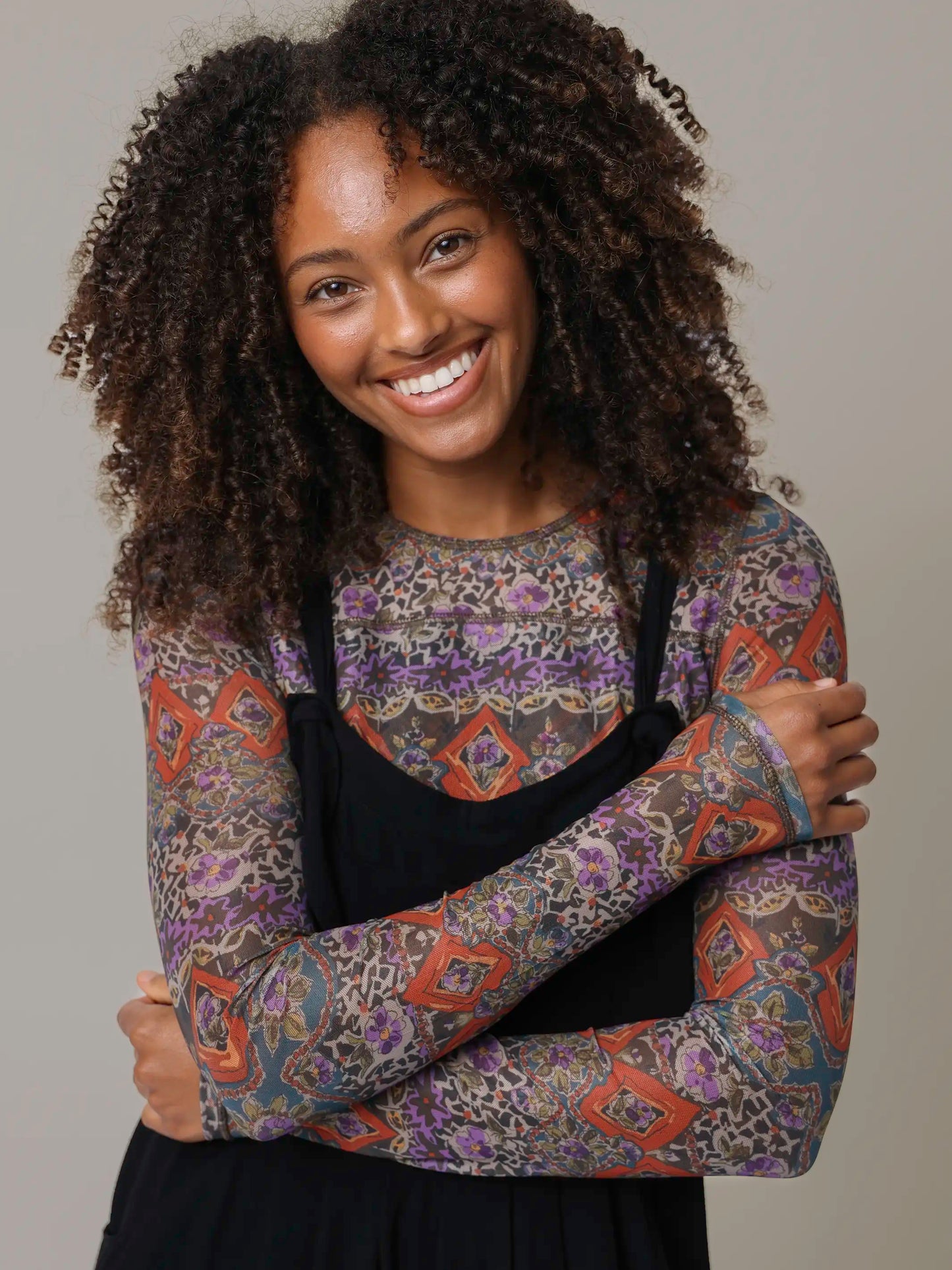 Sloane Mesh Long Sleeve Top - Brown Tuscany Border