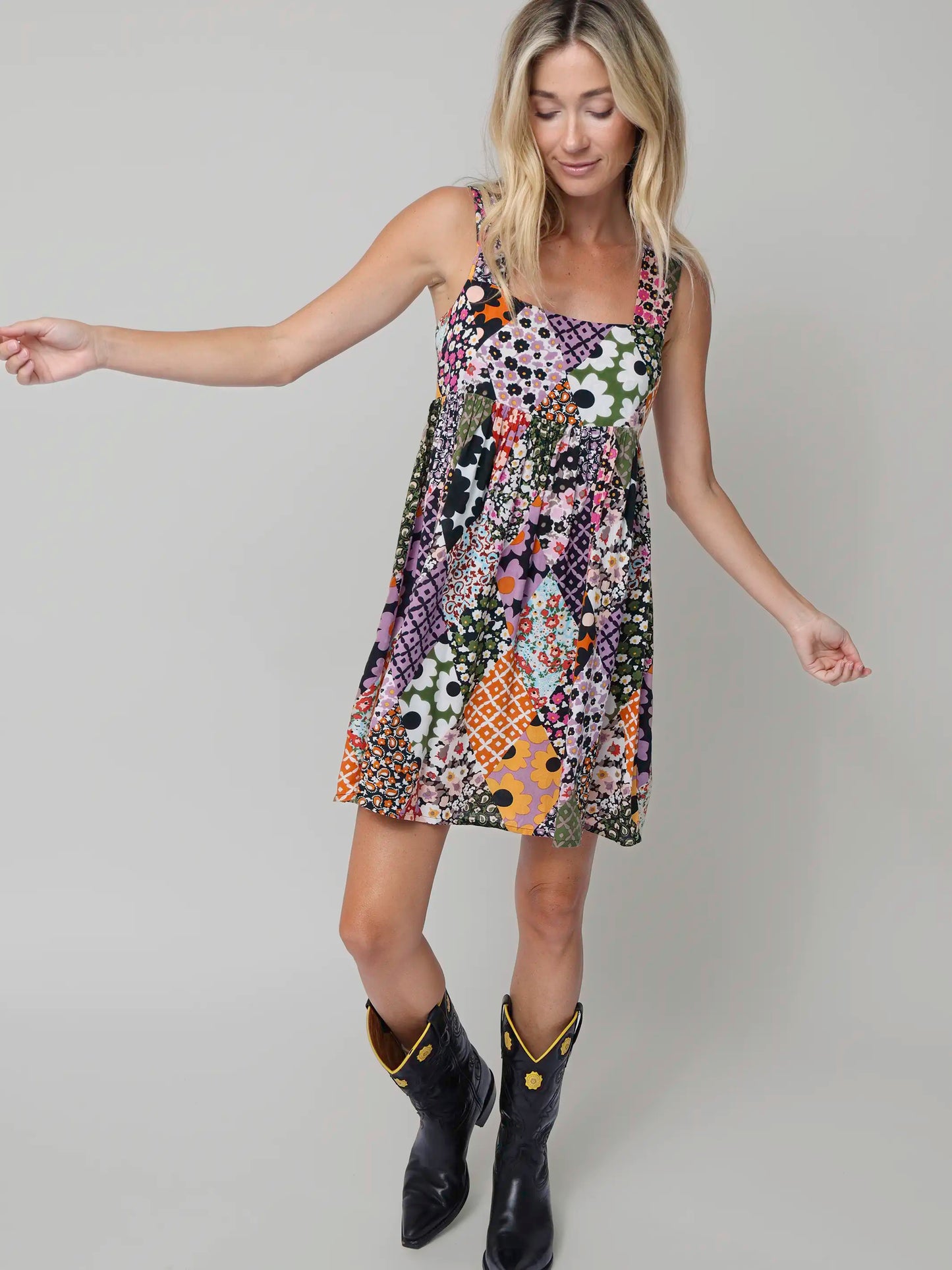 Tricia Mini Dress - Floral Diamonds Patchwork