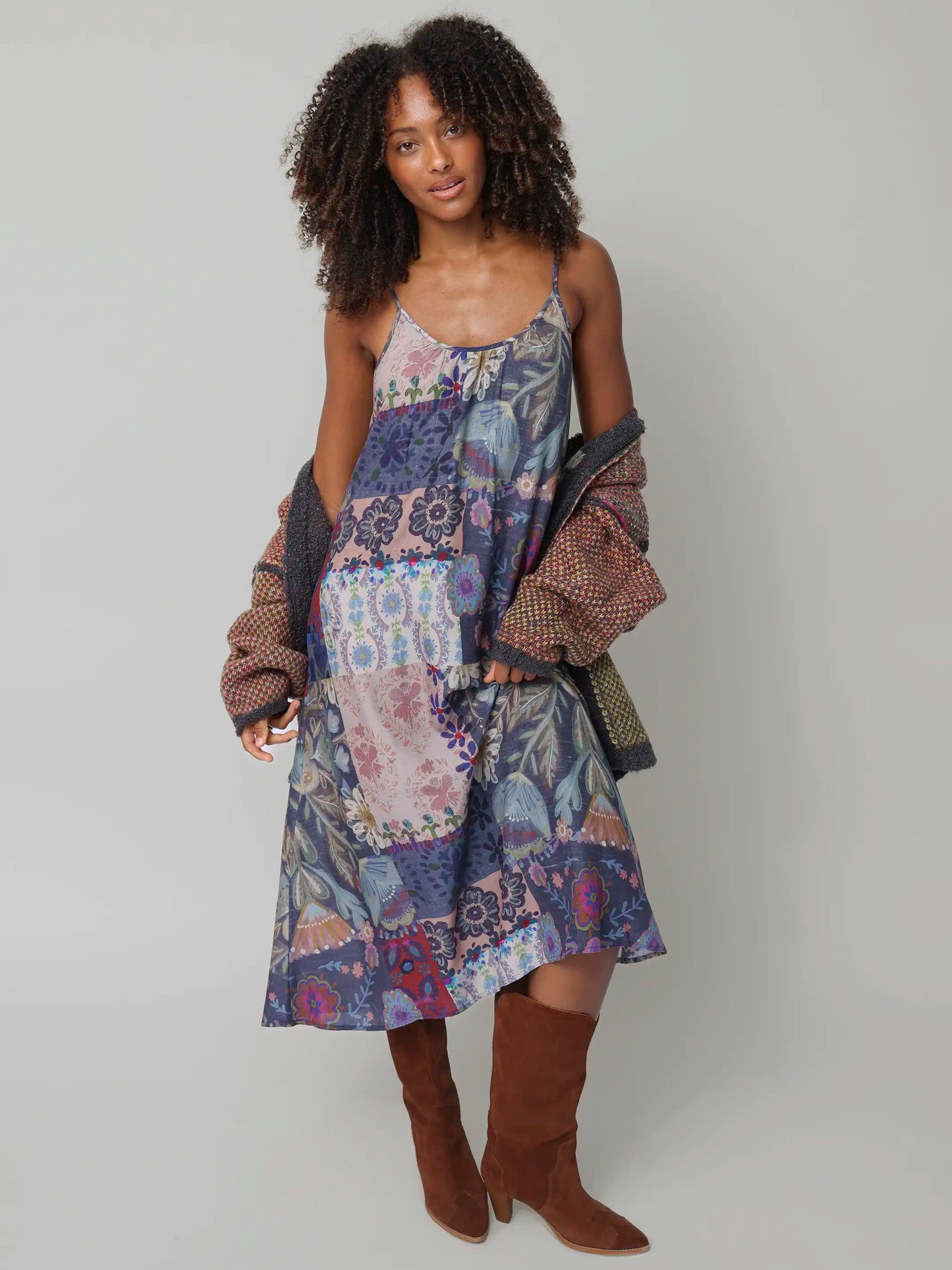 Lizzie Midi Dress - Blue Patchwork