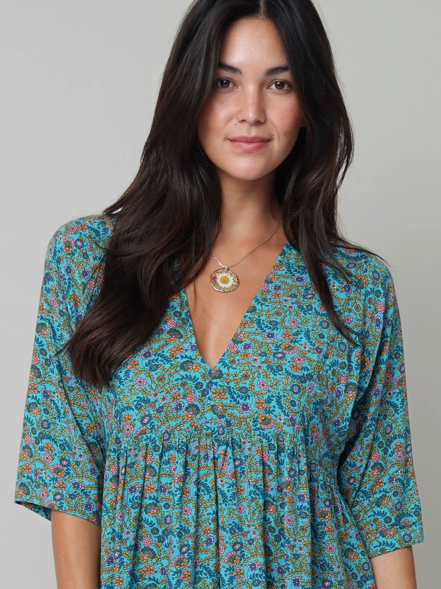 Stella V-Neck Mini Dress - Turquoise Ditsy Vines