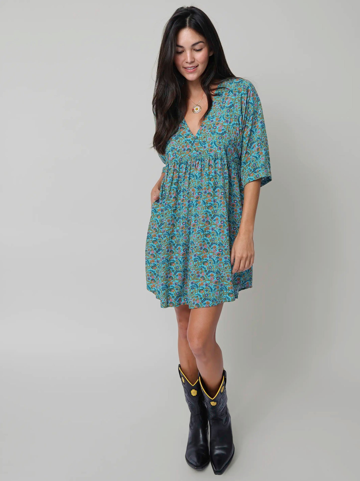 Stella V-Neck Mini Dress - Turquoise Ditsy Vines