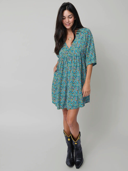 Stella V-Neck Mini Dress - Turquoise Ditsy Vines