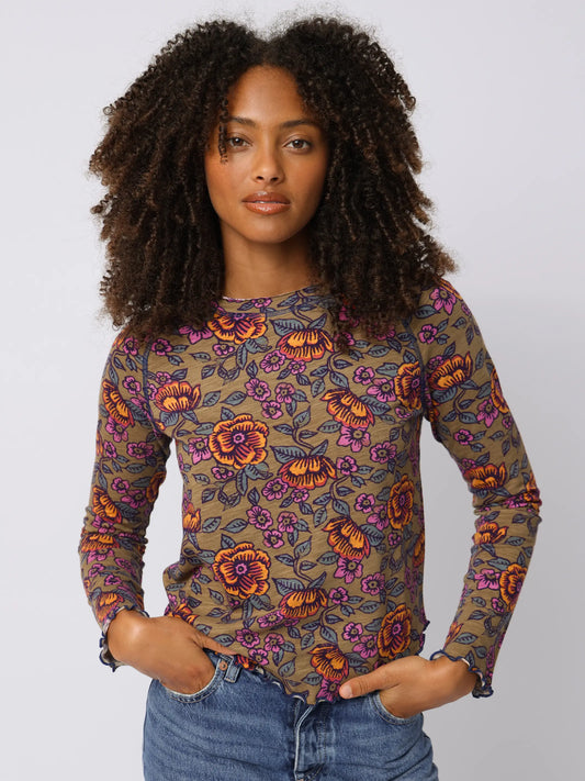 Lily Cotton Long Sleeve Tee Shirt - Woodcut Floral Bronze