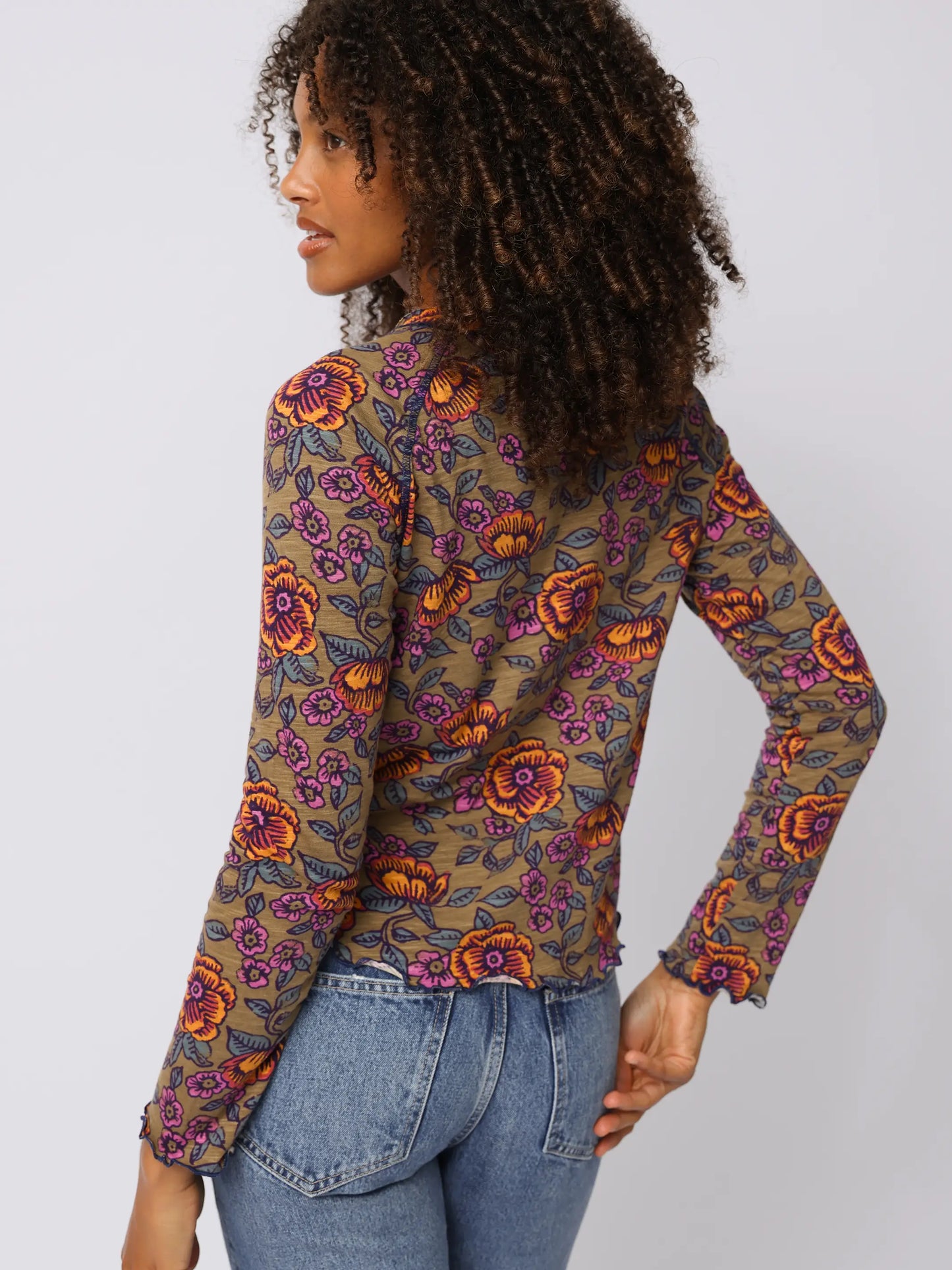 Lily Cotton Long Sleeve Tee Shirt - Woodcut Floral Bronze