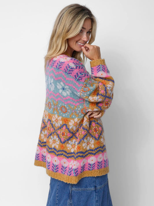 Calla Jacquard Cardigan Sweater - Cottage Daisies Gold