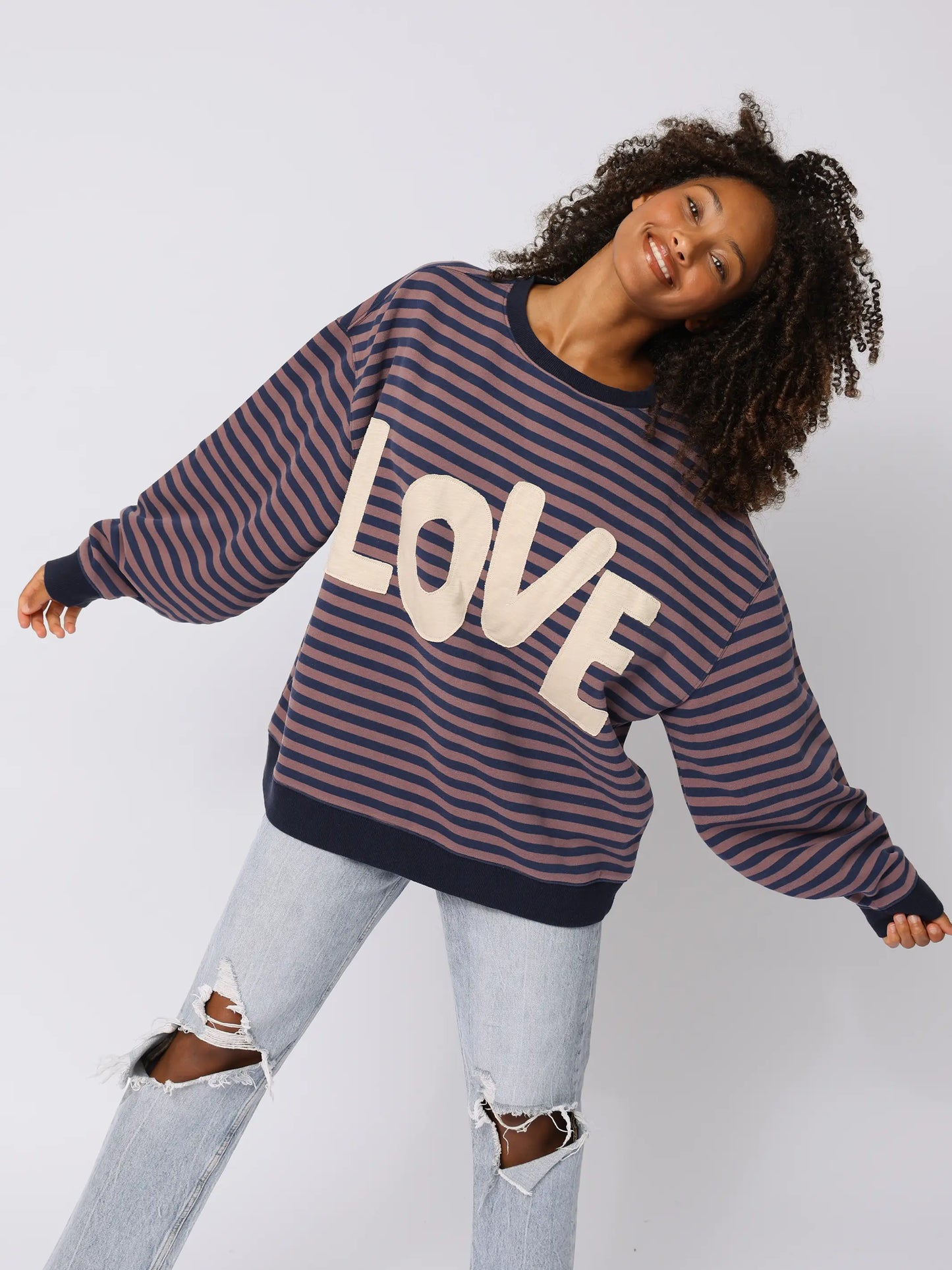 Oversized Striped Applique Crewneck - Purple Love