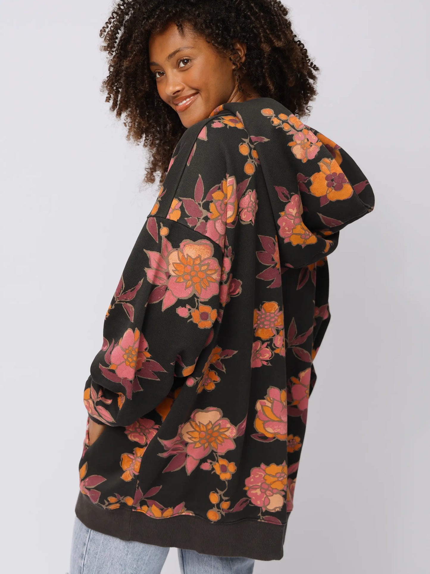 Oversized Printed Hoodie - Black Riviera Blossoms
