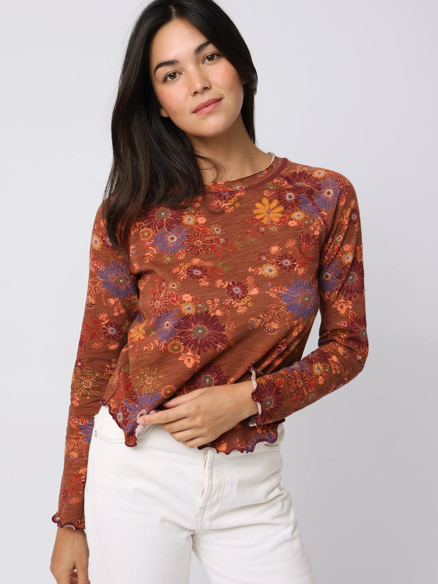 Lily Cotton Long Sleeve Tee Shirt - Aster Clusters Brown