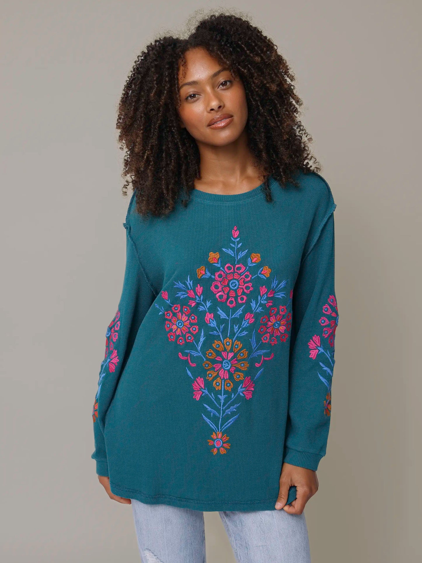 Aida Embroidered Thermal - Teal Folk Bouquet