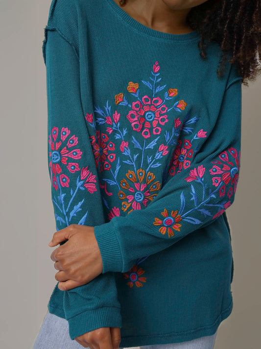 Aida Embroidered Thermal - Teal Folk Bouquet