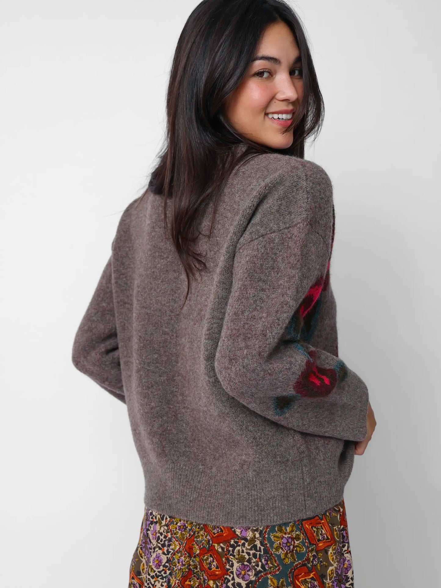 Rosie Reversible Jacquard Pullover Sweater - Stone Grey Rose