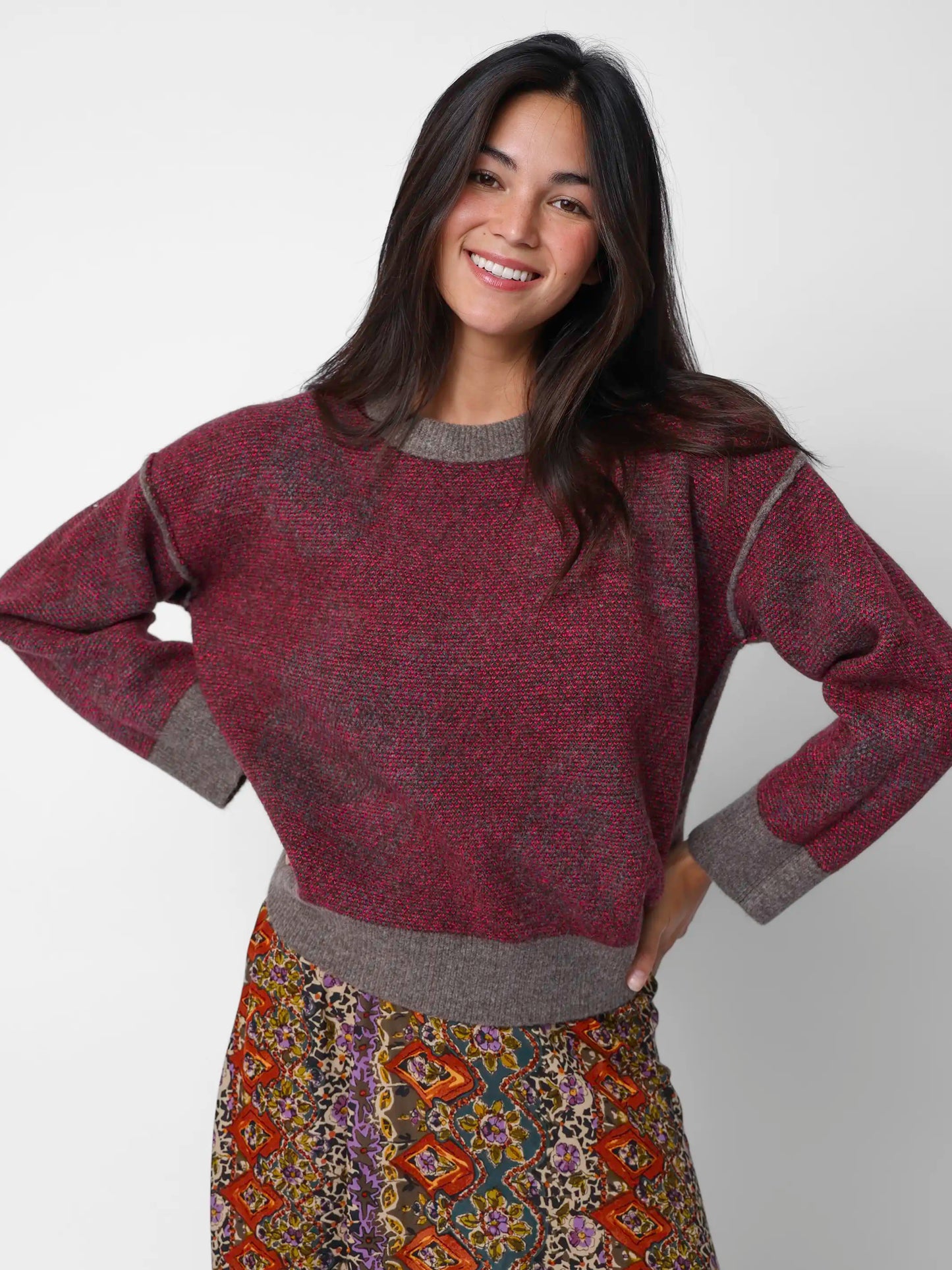 Rosie Reversible Jacquard Pullover Sweater - Stone Grey Rose