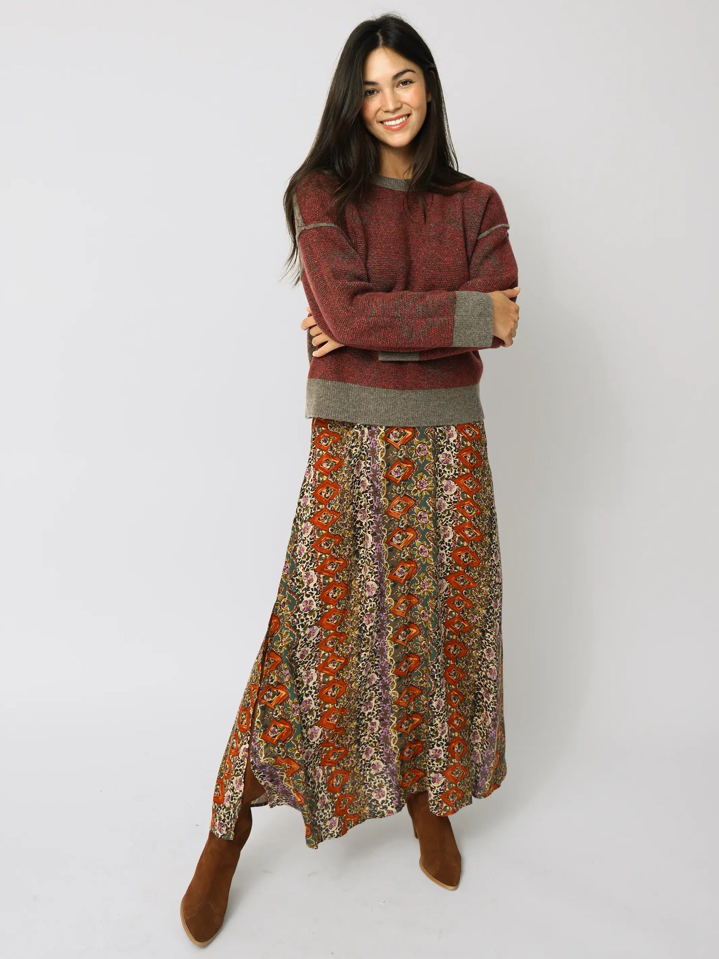 Ginger Side Slit Maxi Skirt - Brown Tuscany Border