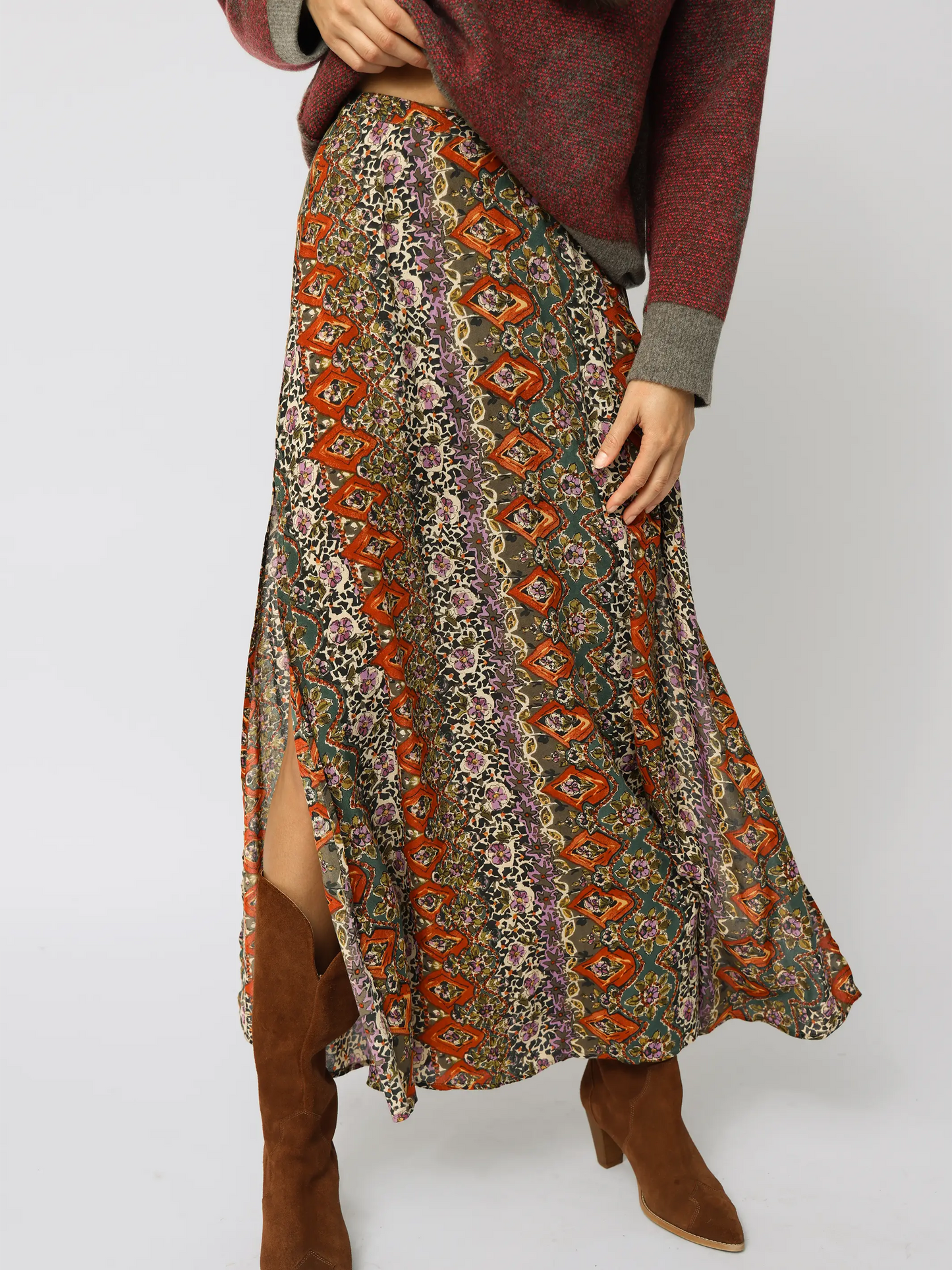 Ginger Side Slit Maxi Skirt - Brown Tuscany Border
