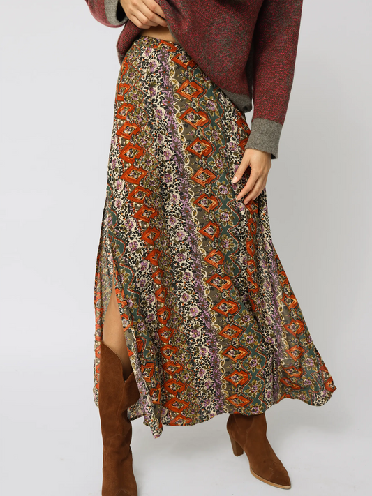 Ginger Side Slit Maxi Skirt - Brown Tuscany Border