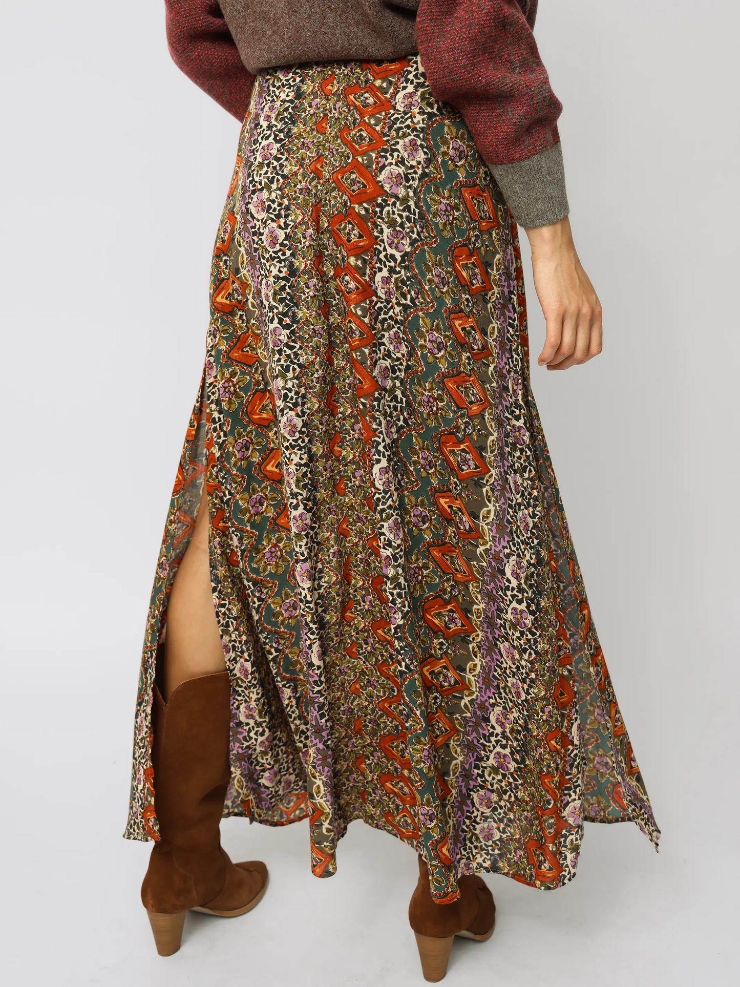 Ginger Side Slit Maxi Skirt - Brown Tuscany Border