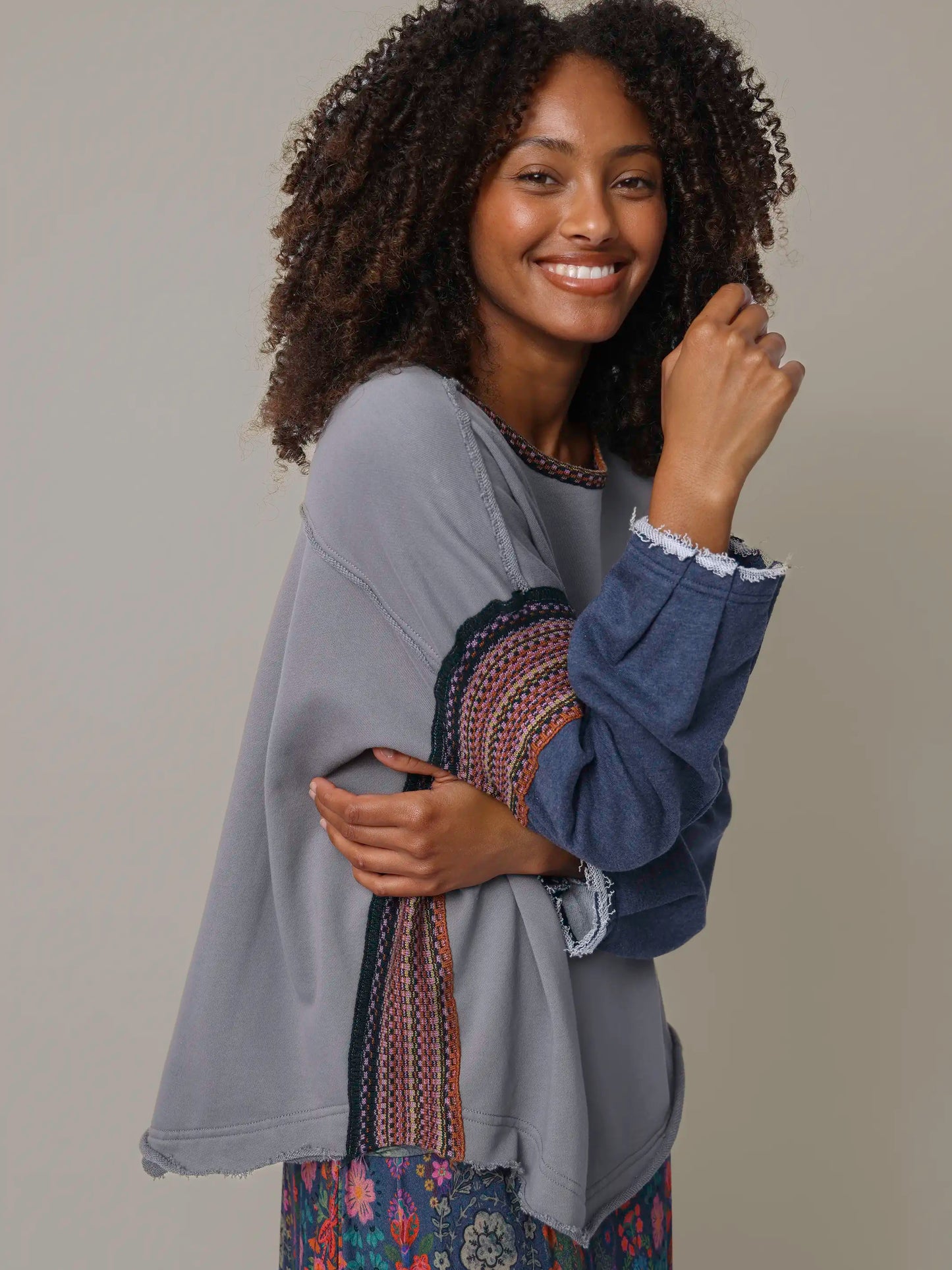 Knit Trim Sweatshirt - Dove Grey