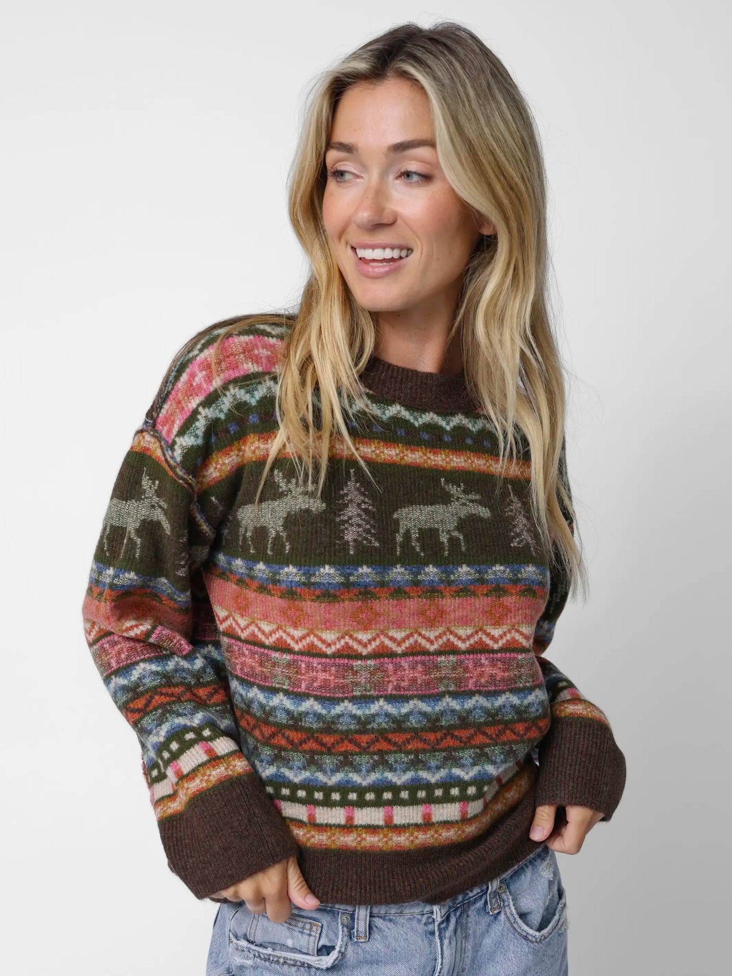 Cozy Cabin Reversible Jacquard Sweater - Moose