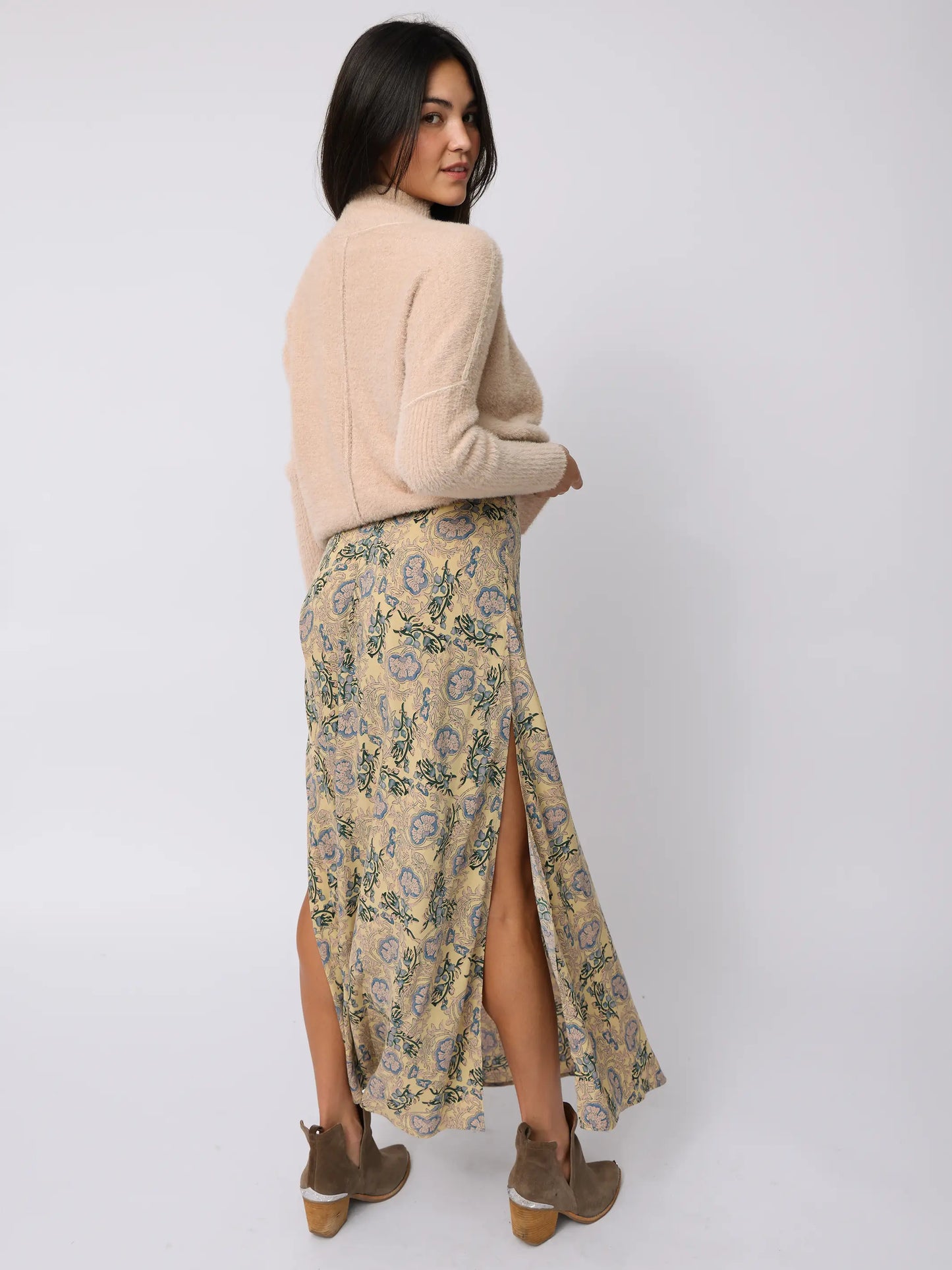 Ginger Side-Slit Maxi Skirt - Cream India Vines