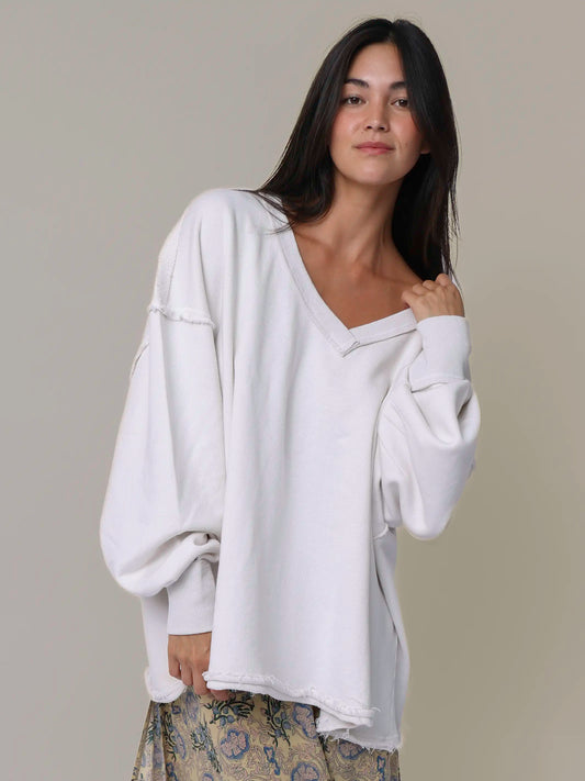 Kick Back Cotton V-Neck Pullover Sweatshirt - Cream