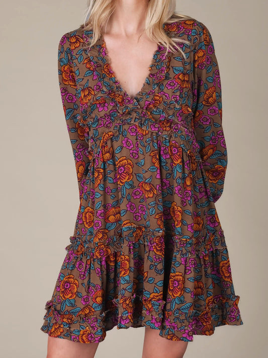 Short & Sweet Mini Dress - Woodcut Floral Bronze