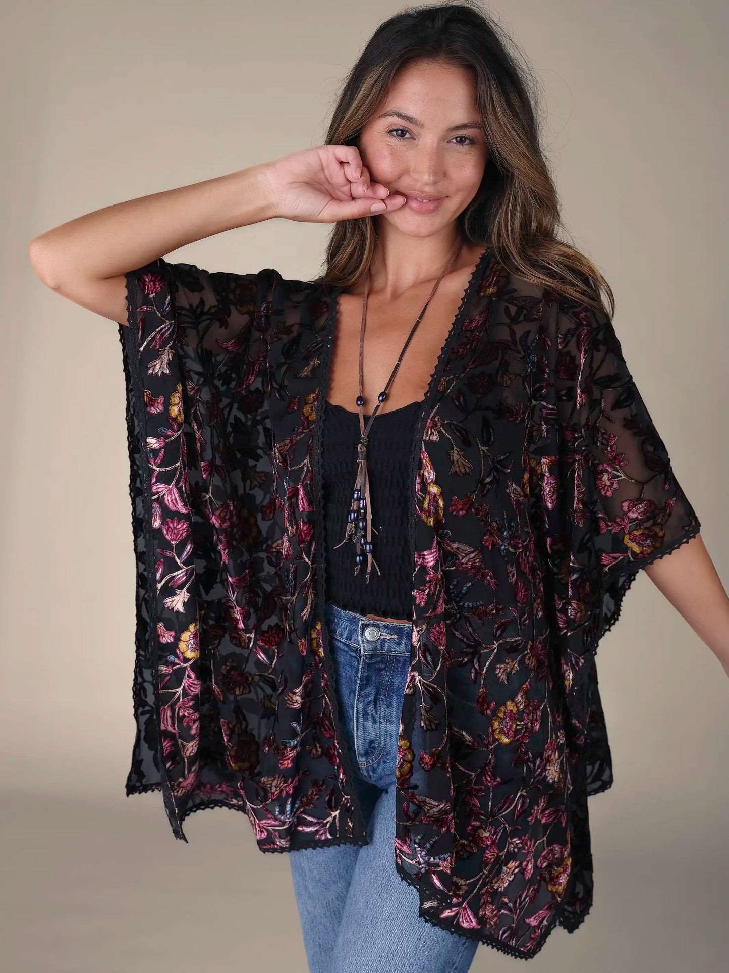 Velvet Burnout Kimono - Black Rose Branches