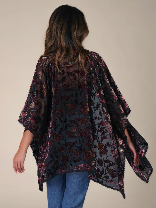 Velvet Burnout Kimono - Black Rose Branches