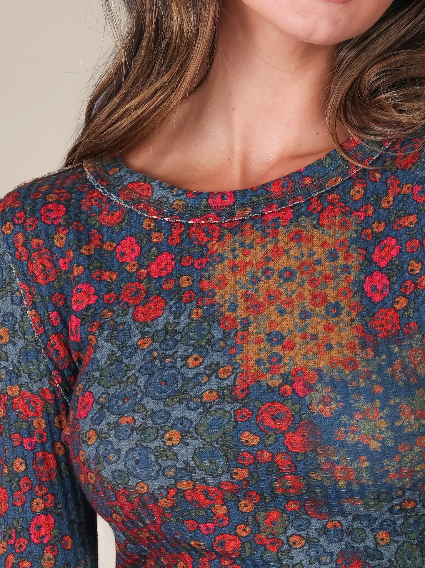 Brooklyn Raw Edge Thermal Top - Navy Prairie Patchwork