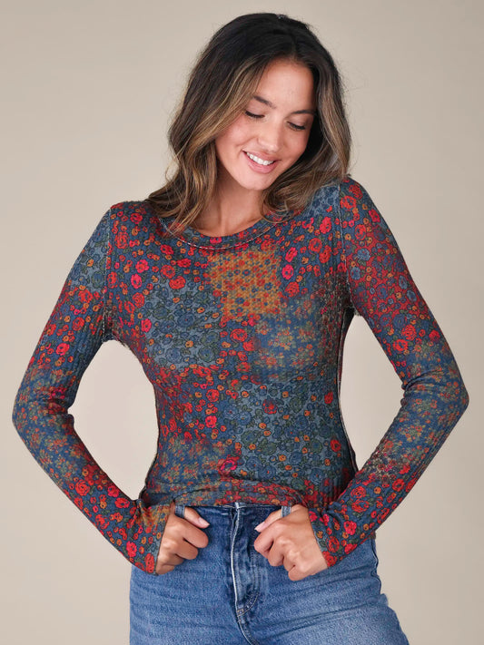 Brooklyn Raw Edge Thermal Top - Navy Prairie Patchwork