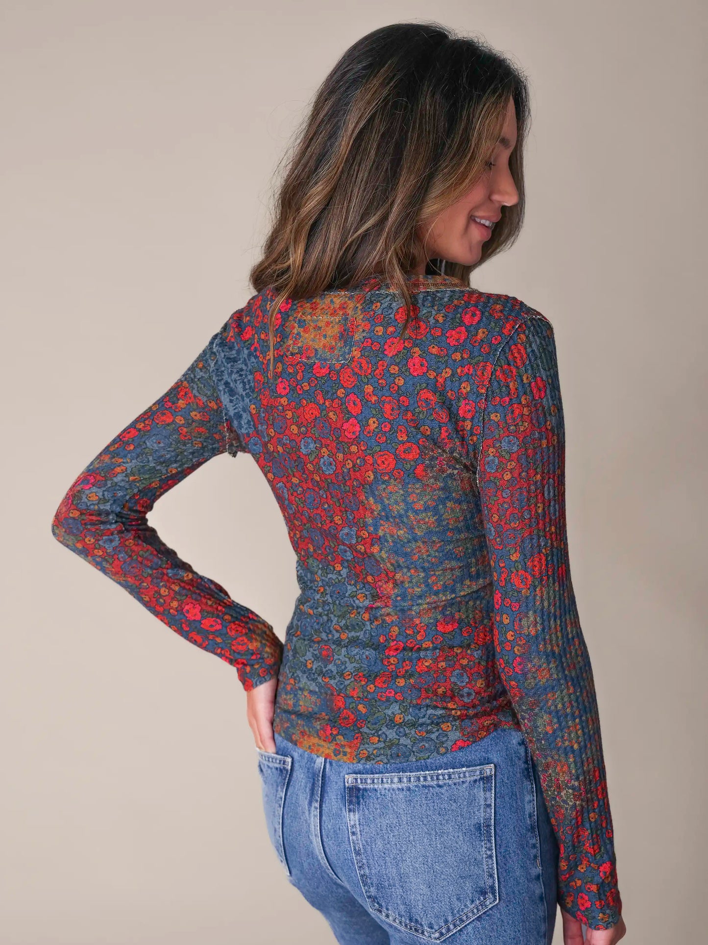 Brooklyn Raw Edge Thermal Top - Navy Prairie Patchwork