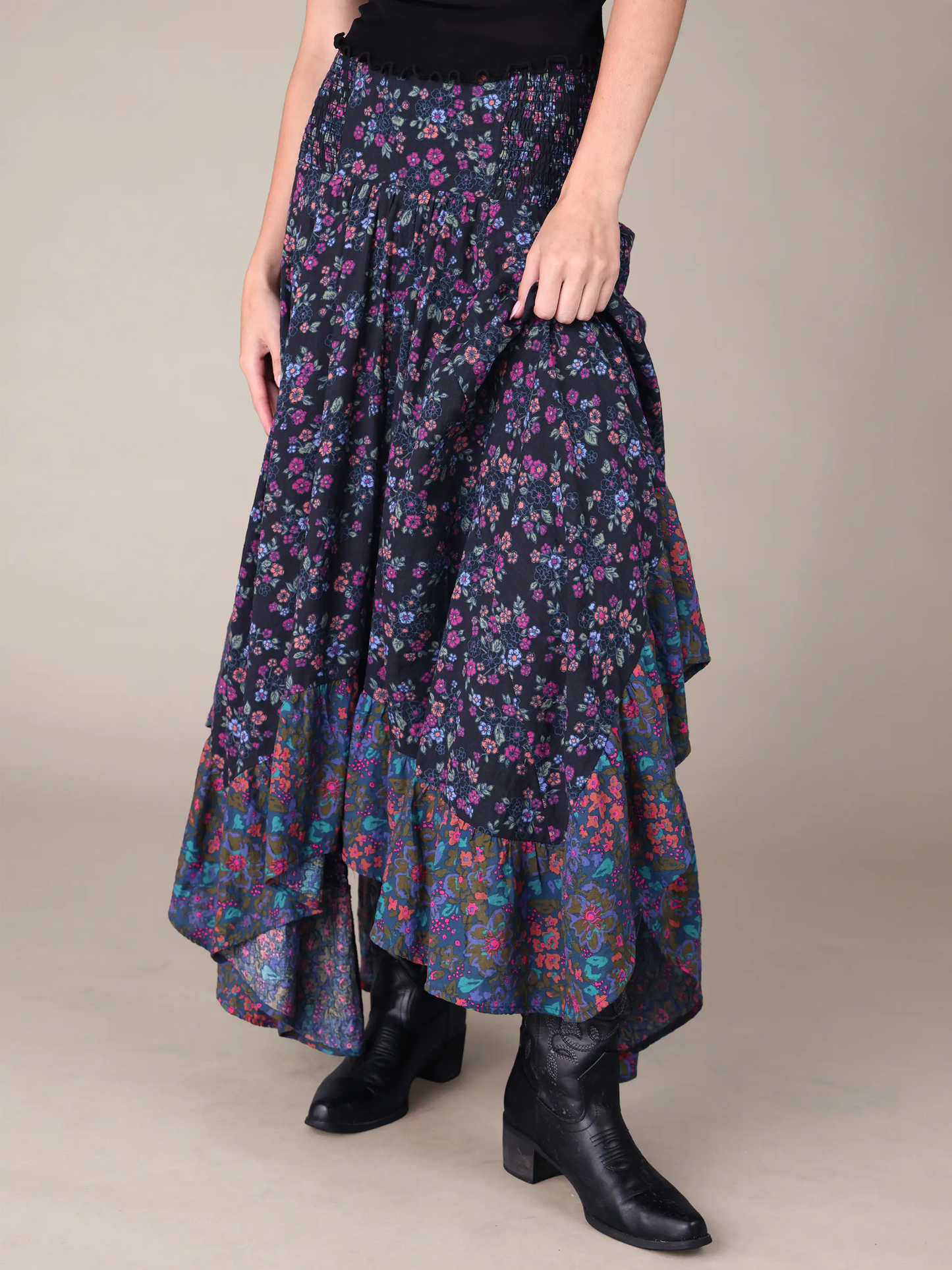 Feelin' Alive Convertible Midi Skirt - Wildflower Ditsy Charcoal