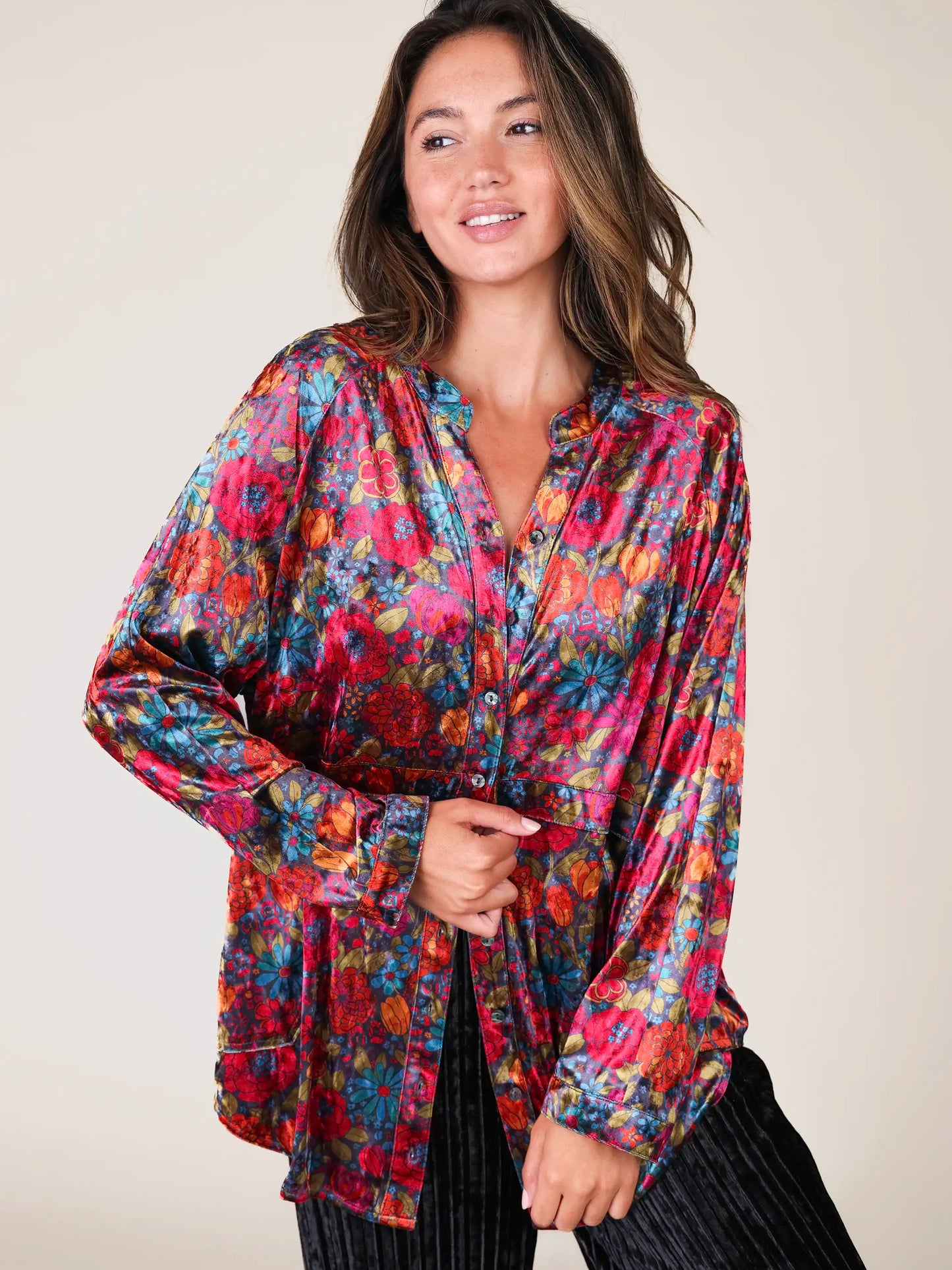 Laid Back Velvet Button Down - Drawn Garden Charcoal