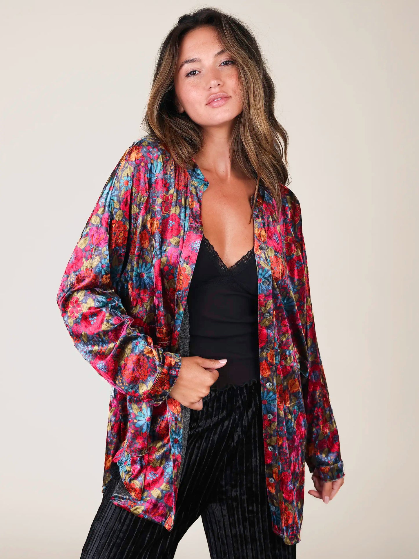 Laid Back Velvet Button Down - Drawn Garden Charcoal