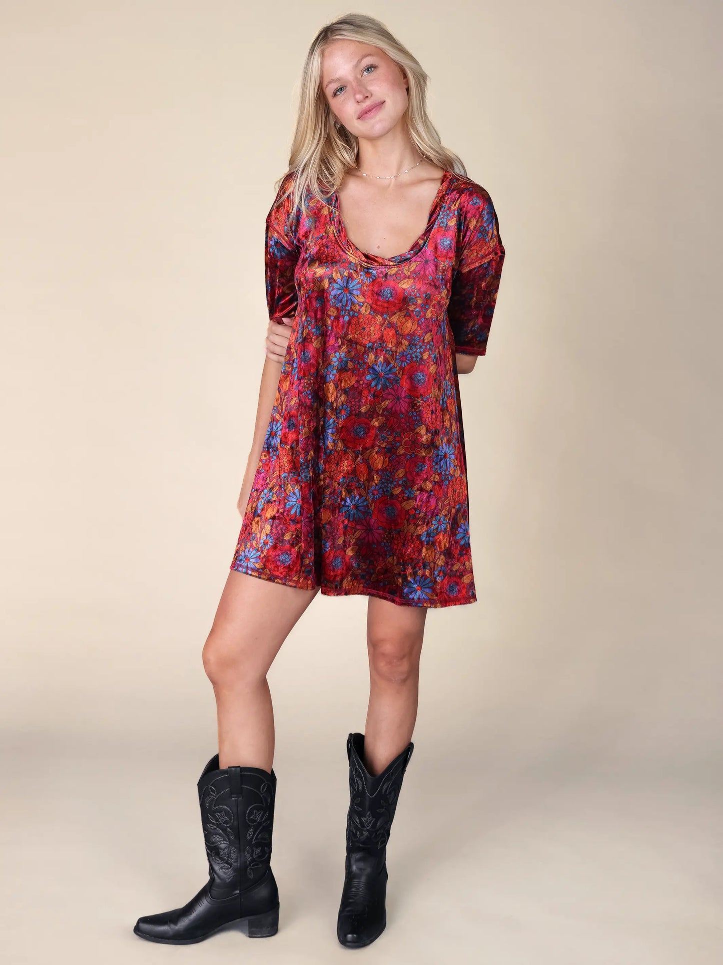 All Day Velvet Mini Dress - Drawn Garden Wine