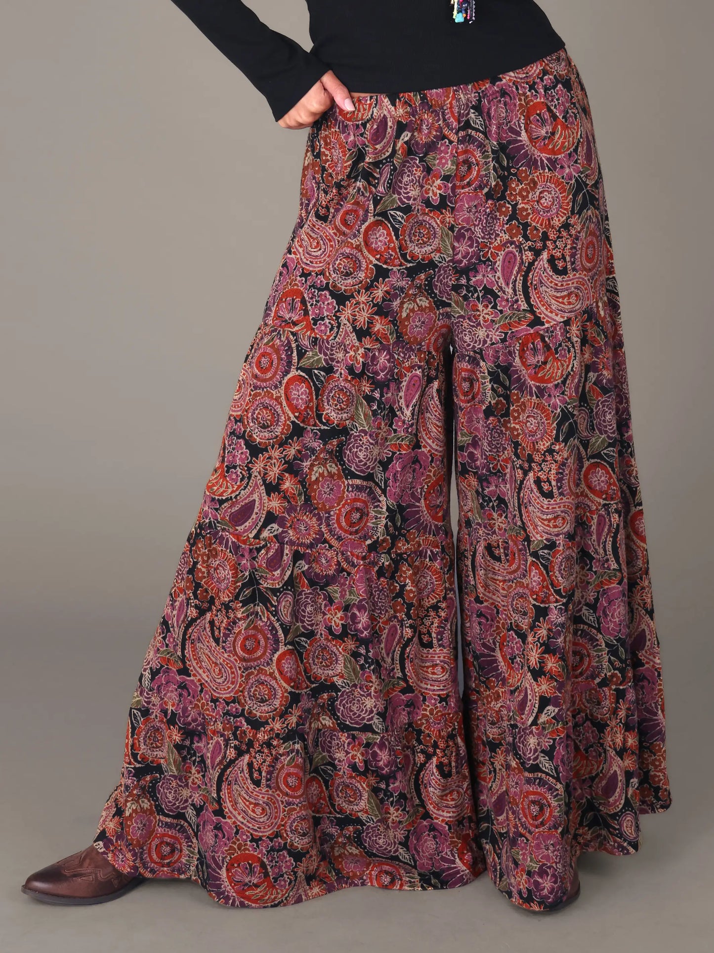 Patti Knit Palazzo Pant - Black Sketched Paisley