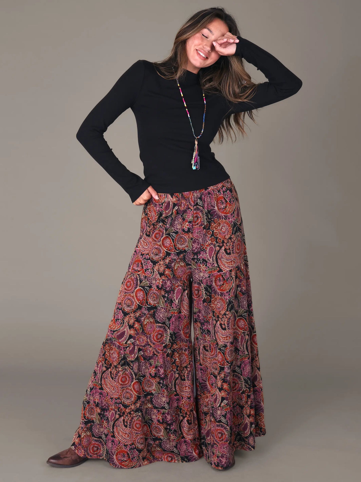 Patti Knit Palazzo Pant - Black Sketched Paisley