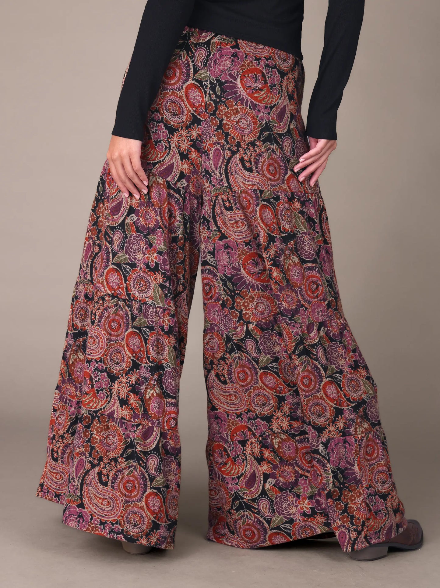 Patti Knit Palazzo Pant - Black Sketched Paisley