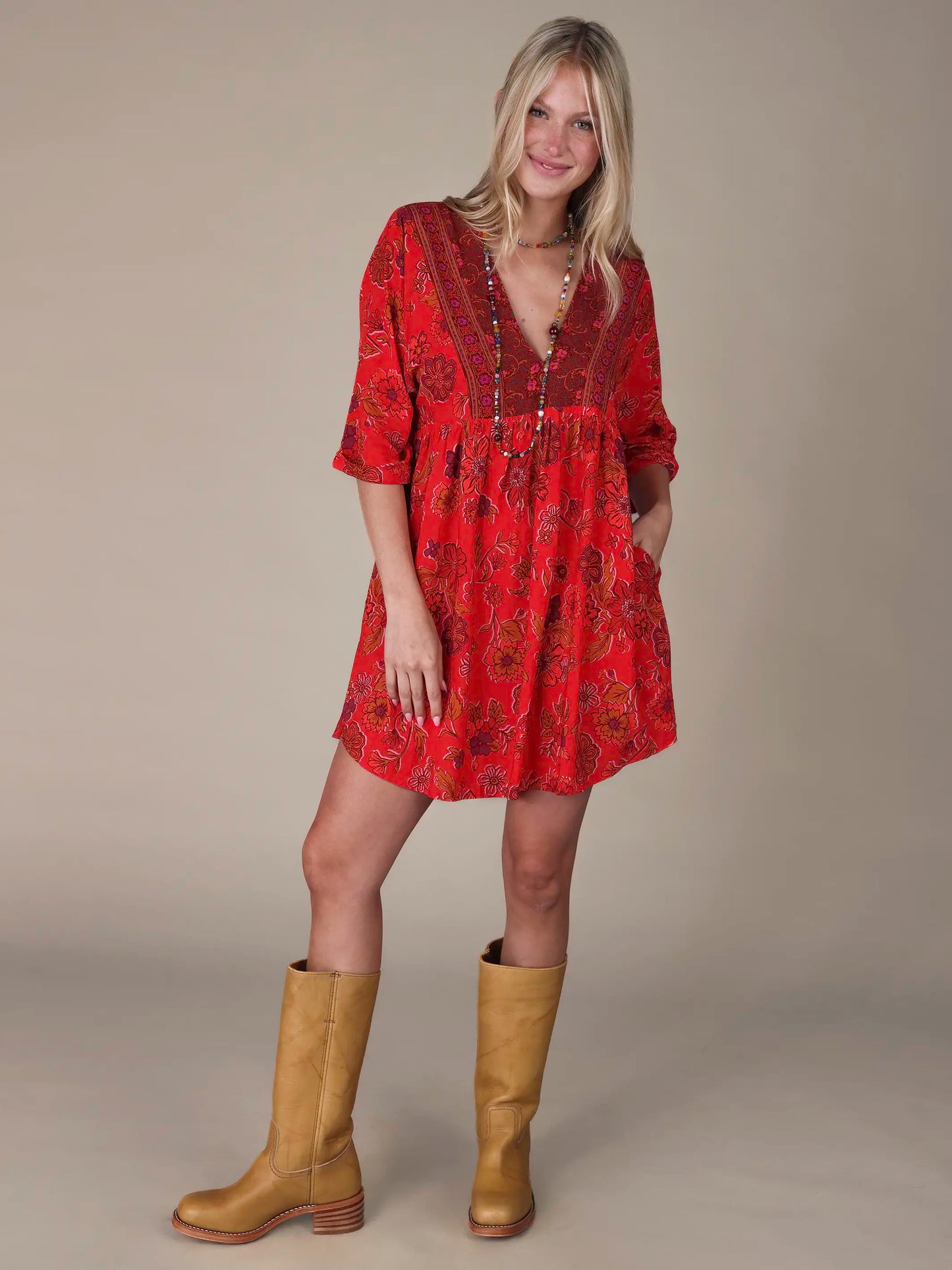 Stella V-Neck Mini Dress - Stella Blooms Crimson