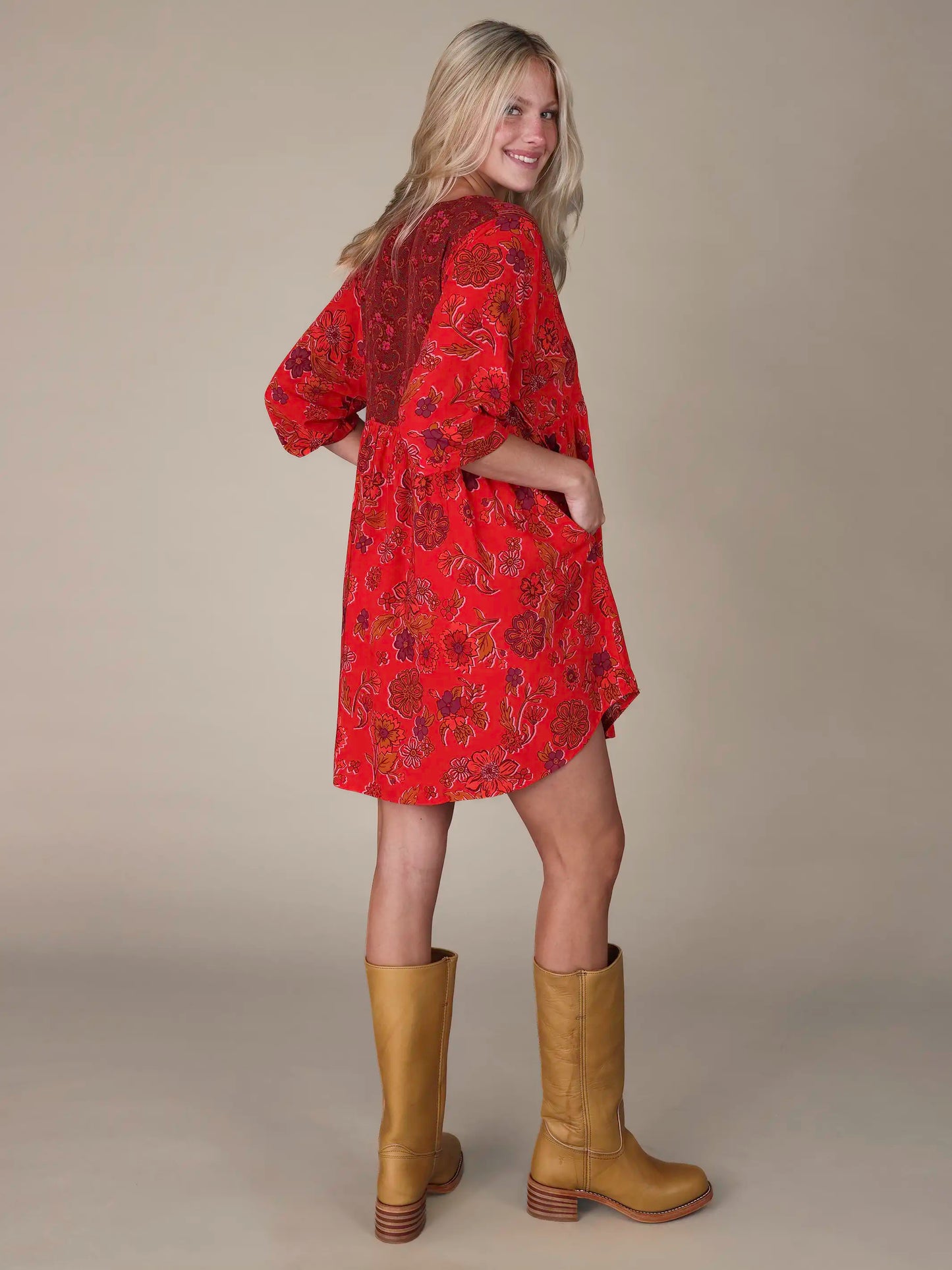 Stella V-Neck Mini Dress - Stella Blooms Crimson