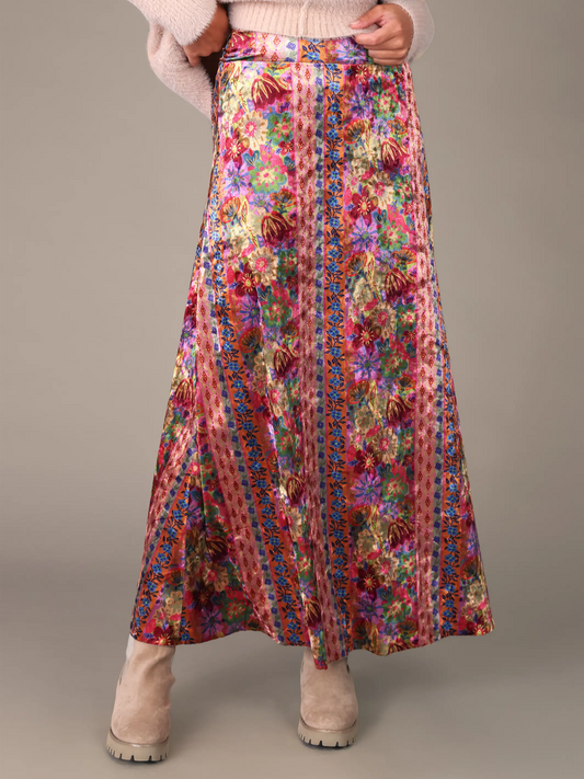 Moment In Time Velvet Maxi Skirt - Rainbow Blooms Stripe