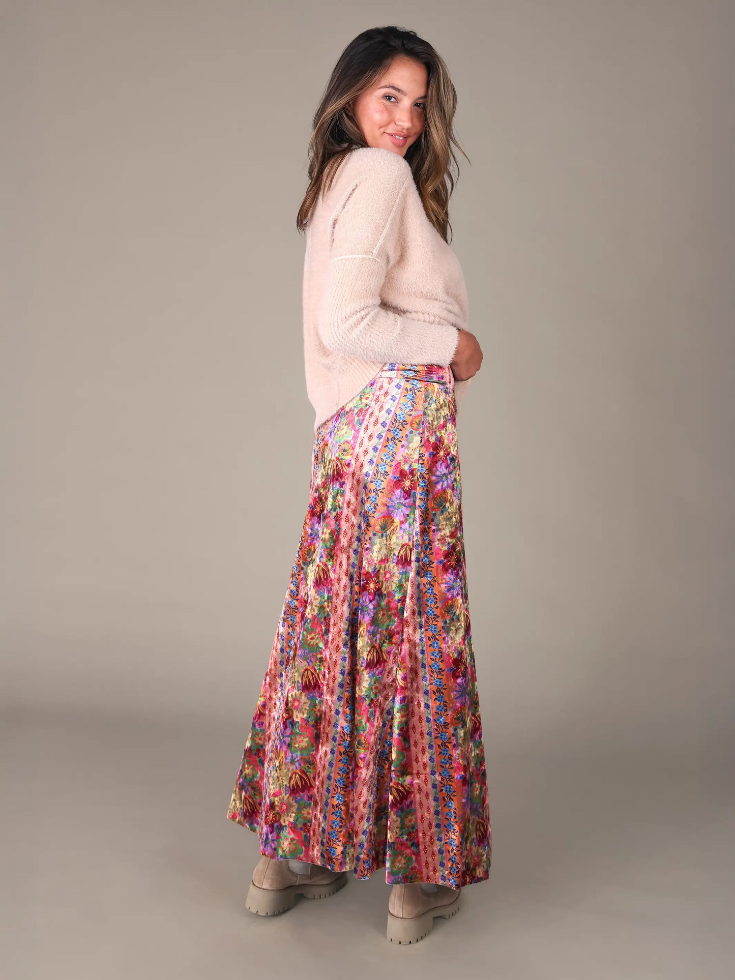 Moment In Time Velvet Maxi Skirt - Rainbow Blooms Stripe