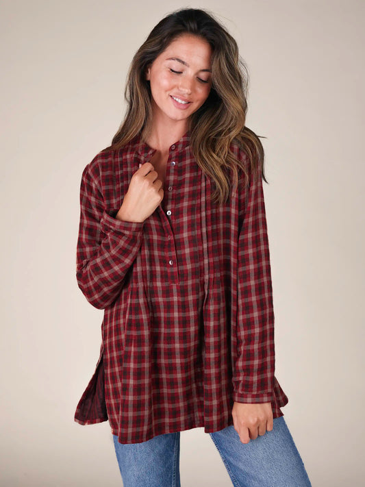 Lowen Cotton Tunic - Cranberry Tan Plaid