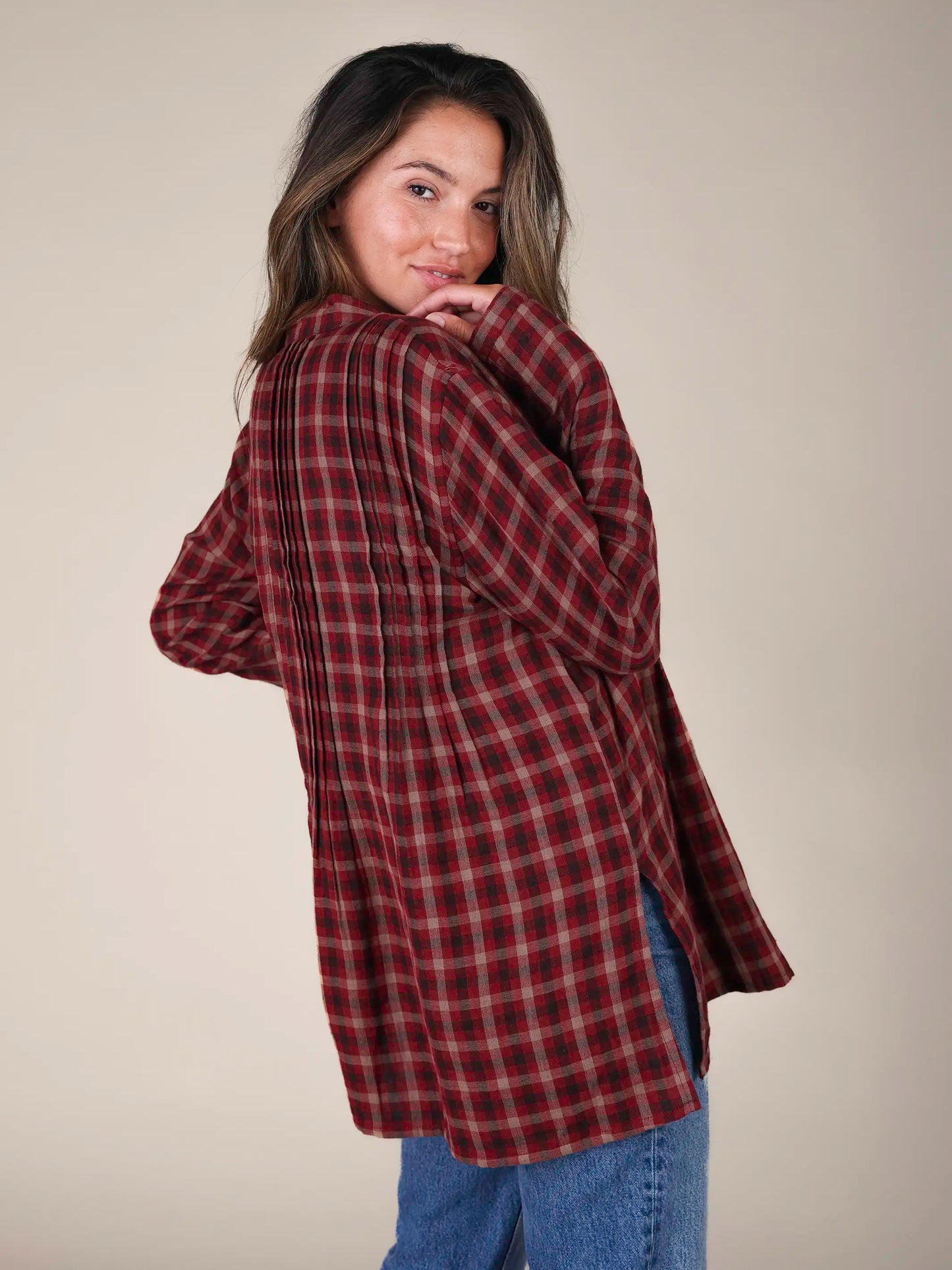 Lowen Cotton Tunic - Cranberry Tan Plaid