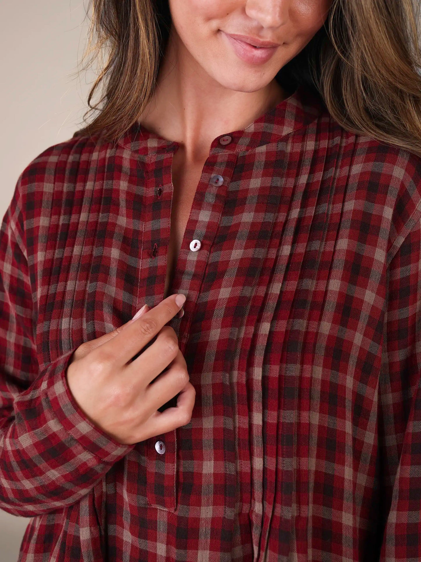 Lowen Cotton Tunic - Cranberry Tan Plaid