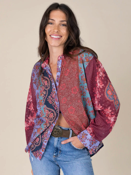 Lived In Cotton Button Down - Red Patchwork