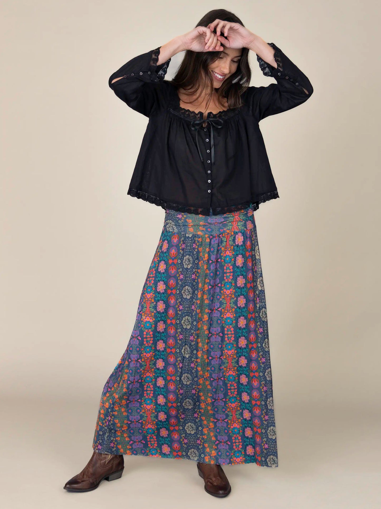 Live-In-It Knit "ButterSoft" Maxi Skirt - Twilight Blooms