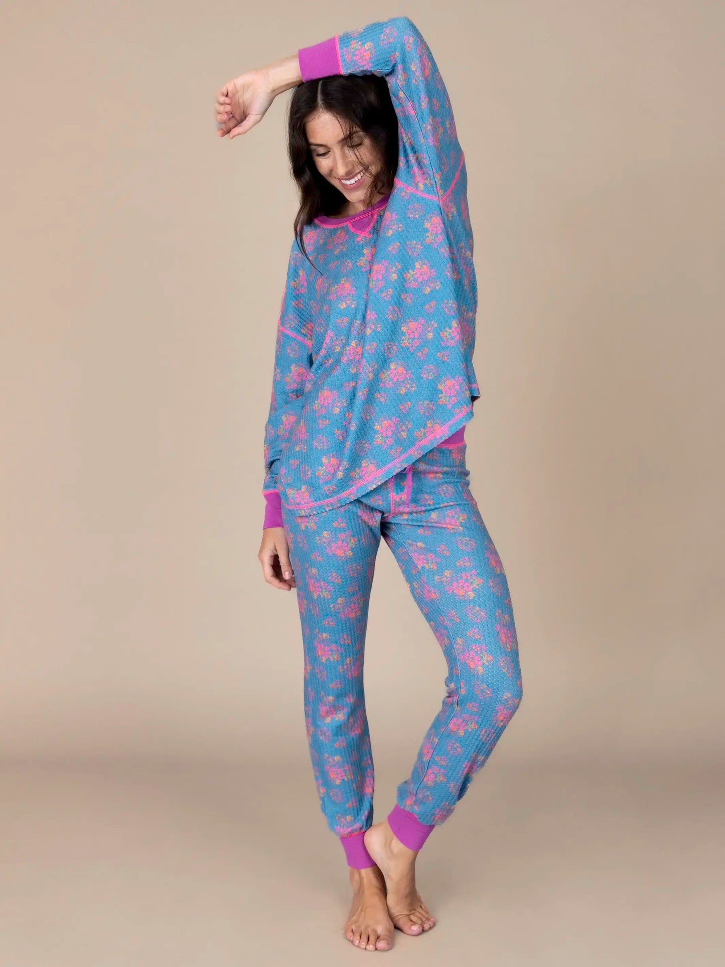 Mix & Match Waffle Pajama Top - Turquoise Floral Bouquets