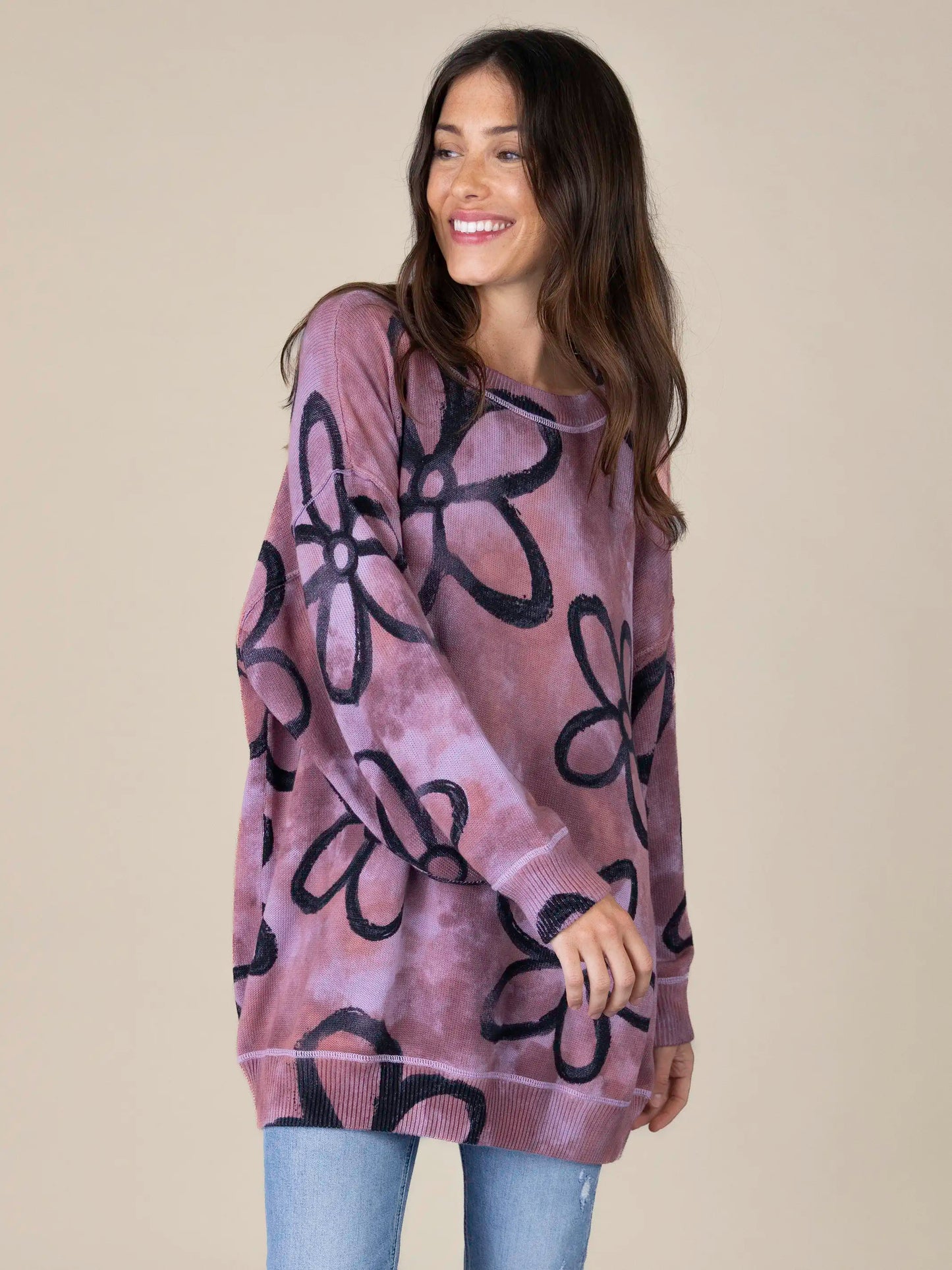 Taylor Oversized Cotton Sweater - Plum Flower Tie-Dye
